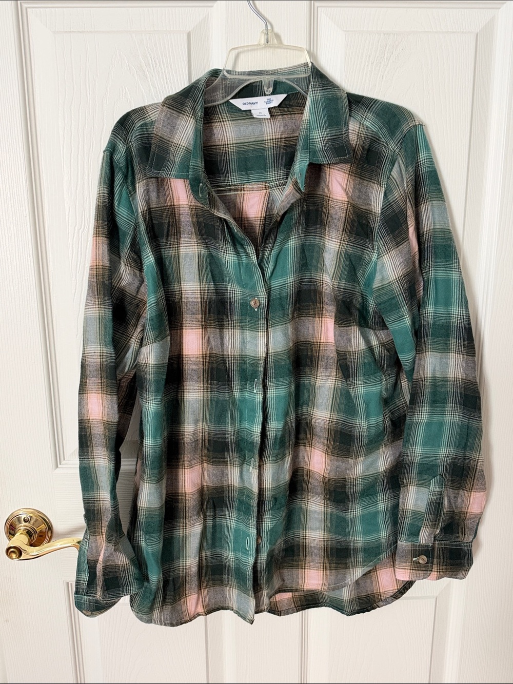 Old Navy Green Pink Plaid Flannel Button Down Shirt Medium